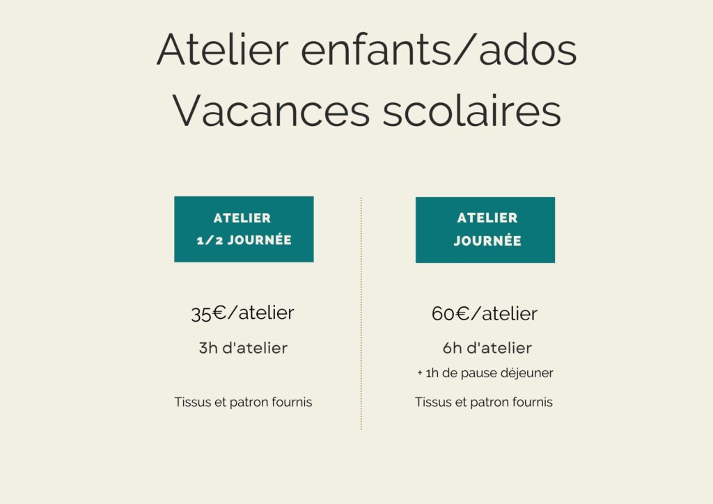 tarifs ateliers couture vacances scolaires enfants ados